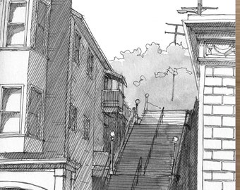 SAUSALITO STAIRCASE STAIRS - Bridgeway, Urbansketcher Architecture, Plein Air Pen and Ink Drawing, Painting, Giclee Print, Art, Drawn There