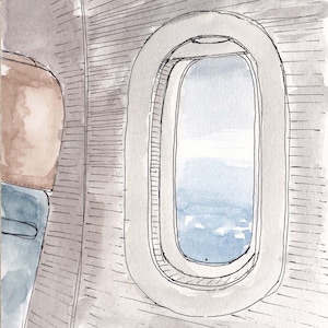 AIRPLANE WINDOW - Travel, Commercial Airline, Clouds, Blue Sky, Drawing, Watercolor Painting, Sketchbook, Art, Drawn There