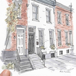 PHILADELPHIA ROW HOMES - Rowhouse, Brick Architecture, Classic, Neighborhood, City Living, Drawing, Painting, Watercolor, Drawn There