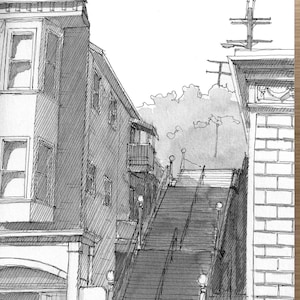 SAUSALITO STAIRCASE STAIRS - Bridgeway, Urbansketcher Architecture, Plein Air Pen and Ink Drawing, Painting, Giclee Print, Art, Drawn There