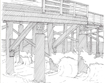 FLAGLER BEACH PIER, Florida - Crashing Waves, Ocean, Drawing, Art, Architecture, Pen and Ink, Sketchbook, Drawn There