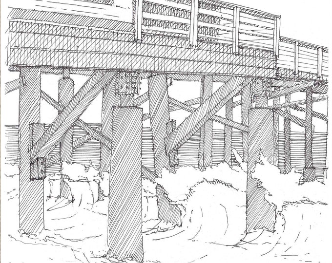 FLAGLER BEACH PIER, Florida - Crashing Waves, Ocean, Drawing, Art, Architecture, Pen and Ink, Sketchbook, Drawn There