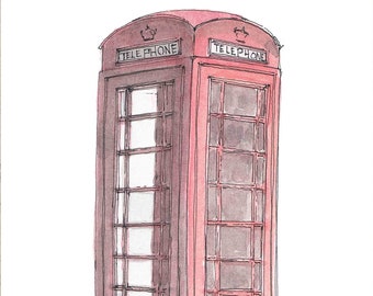 BRITISH PHONE BOX - Watercolor Painting, Telephone, Phone Booth, Art, Ink Drawing, Sketch, Watercolor, Art, Pen and Ink, Drawn There