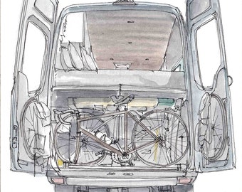 VANTHERE SPRINTER VAN - Garage, Gear Storage, Toys, Custom Camper Van, Mercedes, Bike Storage, Drawing, Watercolor Painting, Drawn There