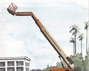 CHERRY PICKER - Lift, Boom, Construction Equipment, Drawing, Ink and Watercolor, Watercolor Painting, Sketchbook, Art, Drawn There