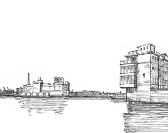 DOMINO SUGAR FACTORY - Baltimore, Maryland, Inner Harbor, Pier Homes, Architecture, Drawing, Pen and Ink, Sketchbook, Art, Drawn There