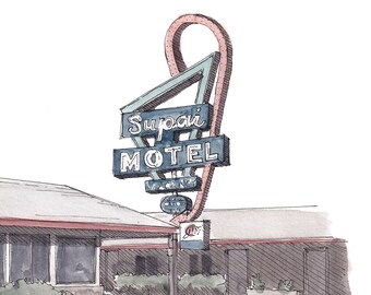 ROUTE 66 MOTEL SIGN - Seligman, Arizona, Southwest, Architecture, Design, Neon, Watercolor Painting, Drawing, Sketchbook, Art, Drawn There