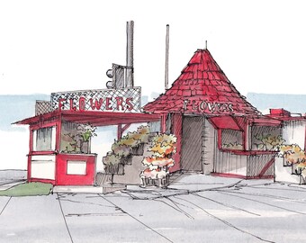 FLOWER STAND - Shop, Street Corner, Red Roof, San Diego, Morena Blvd, Ink and Watercolor, Painting, Drawing, Sketchbook, Drawn There
