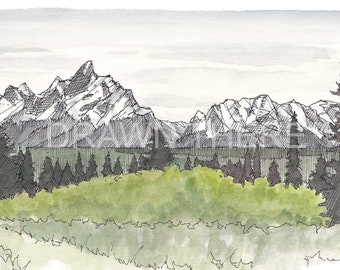 GRAND TETONS WATERCOLOR - National Park, Wyoming, Mountains, Landscape, Art, Ink and Watercolor, Drawing, Painting, Sketchbook, Drawn There