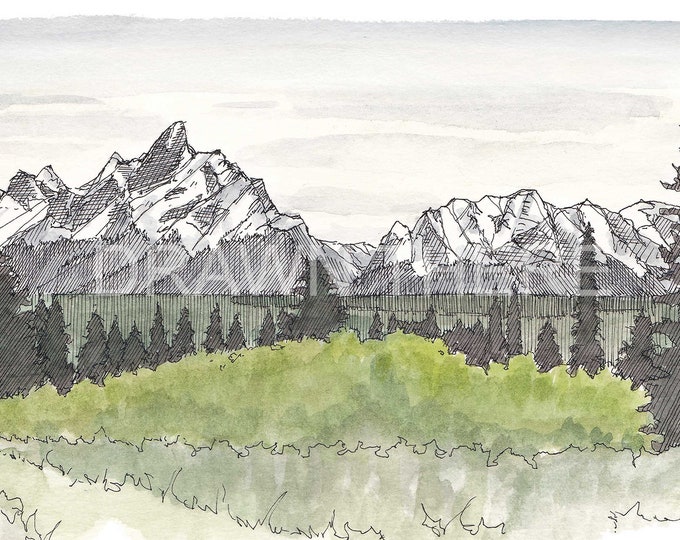 GRAND TETONS WATERCOLOR - National Park, Wyoming, Mountains, Landscape, Art, Ink and Watercolor, Drawing, Painting, Sketchbook, Drawn There