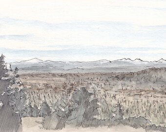 BEND OREGON from Pilot Butte - Overlook, Landscape Painting, Sketchbook, Ink and Watercolor, Mountains, Drawn There