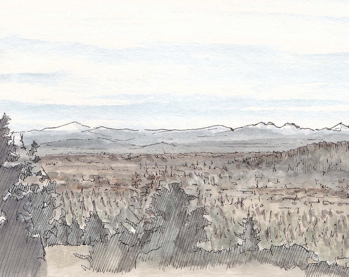 BEND OREGON from Pilot Butte - Overlook, Landscape Painting, Sketchbook, Ink and Watercolor, Mountains, Drawn There