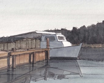 CRAB BOAT and DOCK - Crab Trap, Deadrise, Wood Boat, Crabbing, Chesapeake Bay, Drawing, Ink and Watercolor Painting, Art, Drawn There