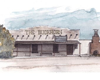 BUCKHORN SALOON - Los Pinos Altos Silver City, New Mexico Historic Architecture Plein Air Watercolor Painting Southwest Wall Art Drawn There