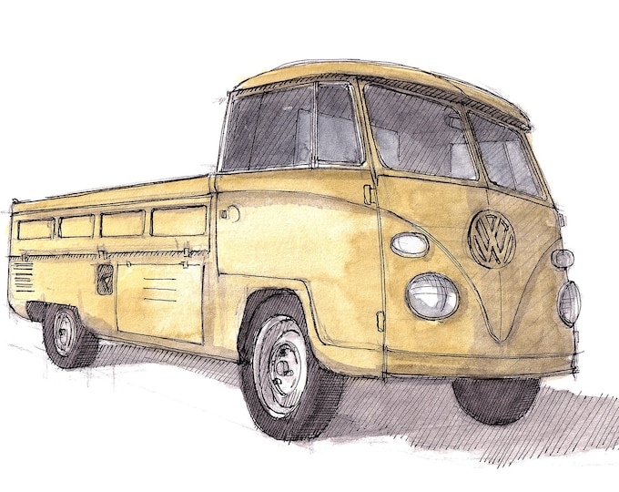 YELLOW VAN BUS - Pickup Truck, Vanlife, Plein Air Watercolor Painting, Drawing, Sketchbook, Art Print, Drawn There