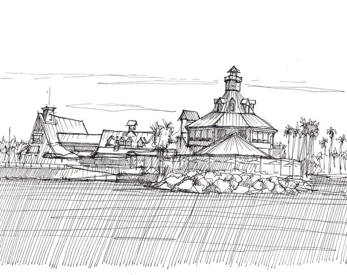 PORT of LONG BEACH - Parkers Lighthouse, Los Angeles, California, Harbor, Pen and Ink Drawing, Architecture, Urbansketchers, Drawn There