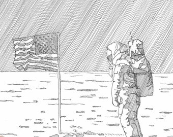 APOLLO 11 AMERICAN FLAG - Astronaut, Buzz Aldren, Moon Walk, Space Travel, nasa, Drawing, Pen & Ink, Sketchbook, Drawn There