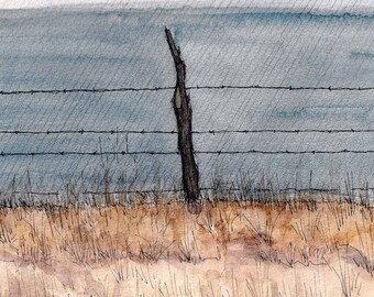 BARBED WIRE FENCE - Fence Post, Livestock, Ranch, Rustic, Plein Air, Drawing, Watercolor, Painting, Sketchbook, Art, Print, Drawn There