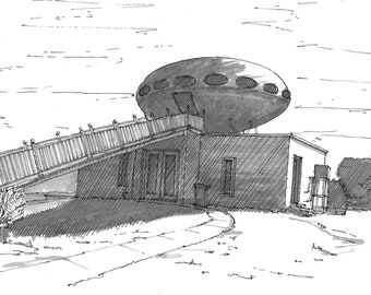 FUTURO HOUSE - Pensacola, Florida, Futuristic, Space Age, UFO, Drawing, Pen and Ink, Architecture, Tiny House, Sketchbook, Art, Drawn There