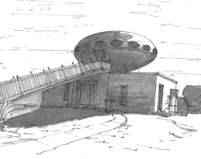 FUTURO HOUSE - Pensacola, Florida, Futuristic, Space Age, UFO, Drawing, Pen and Ink, Architecture, Tiny House, Sketchbook, Art, Drawn There