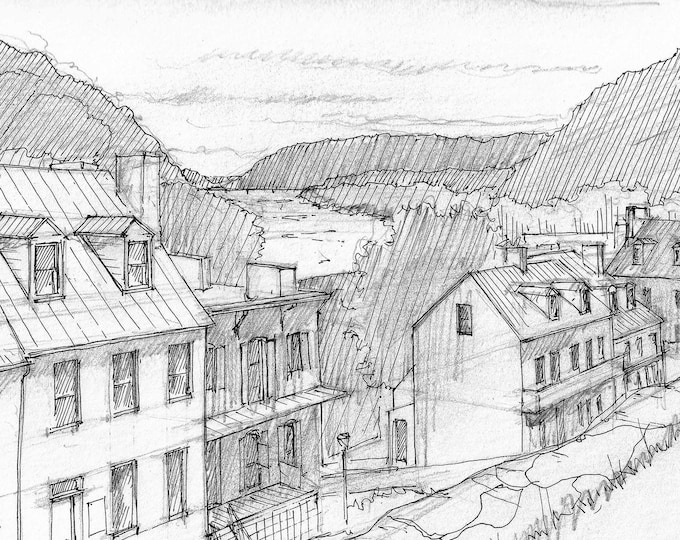 HISTORIC HARPERS FERRY, West Virginia - Architecture, Appalachian Trail, River, Mountains, Houses, Pencil Drawing, Sketch, Art, Drawn There