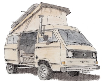 CLASSIC CAMPERVAN - Van, Vanlife, Westy, Camping, Roadtrip, Ink and Watercolor, Painting, Drawing, Art Print, Drawn There