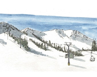 MAMMOTH MOUNTAIN - Watercolor, Pen and Ink, Art, Drawing, Painting, California, Skiing, Snow, Sierras, Sketchbook, Ski Resort, Bluebird