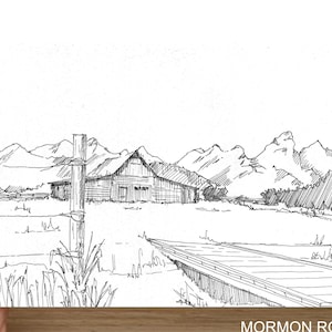 MORMON ROW - Wyoming, Jackson Hole, Grand Teton National Park, historische Scheune, Berge, Zeichnung, Stift und Tinte, Skizzenbuch, Kunst, gezeichnet dort