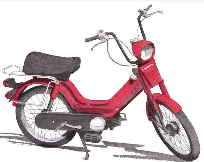 RED HONDA MOPED - 1980's Classic, 50cc, Scooter, Motorbike, Motorcycle, Ink and Watercolor Painting, Drawing, Art, Illustration, Drawn There