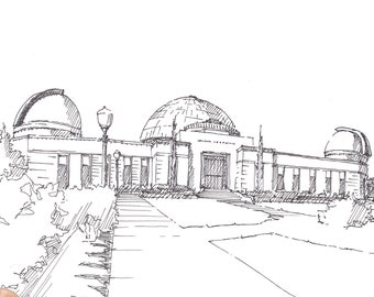 GRIFFITH OBSERVATORY, Los Angeles - Pen and Ink, Drawing, Sketchbook, Art, Griffith Park, Architecture, California, Drawn There