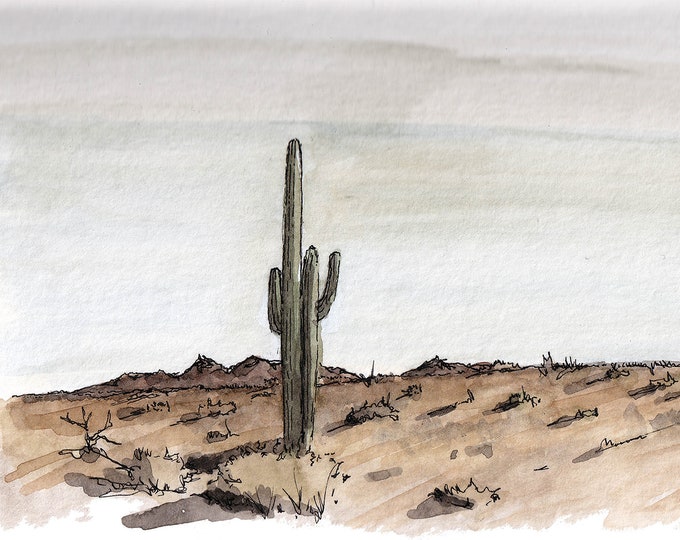 CACTUS DESERT LANDSCAPE - Arizona, Saguaro, Drawing, Watercolor Painting, Sketchbook, Art, Print, Drawn There