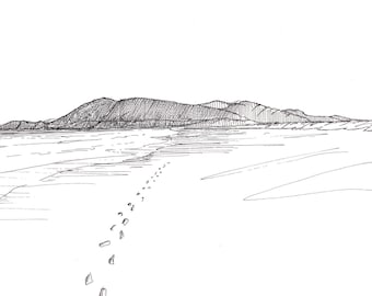 OREGON BEACH FOOTPRINTS - Ocean, Pacific Northwest, Pen and Ink, Drawing, Sketch, Art Print, Drawn There
