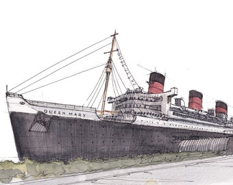 RMS QUEEN MARY - Oceanliner, Ship, Cruise Ship, Long Beach, California, Watercolor Painting, Drawing, Sketchbook, Art, Drawn There