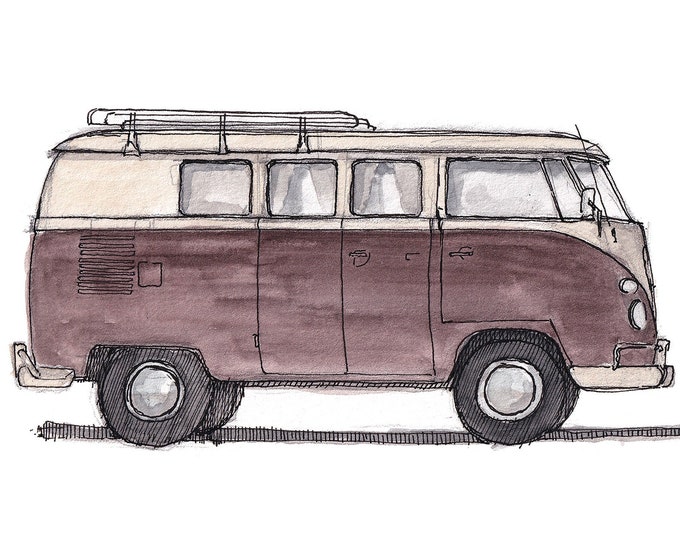 RED BUS - Classic Van, Vintage, Classic, Vanlife, Plein Air Watercolor Painting, Drawing, Sketchbook, Art Print, Drawn There