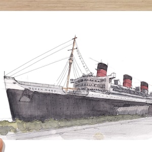 RMS QUEEN MARY - Oceanliner, Ship, Cruise Ship, Long Beach, California, Watercolor Painting, Drawing, Sketchbook, Art, Drawn There
