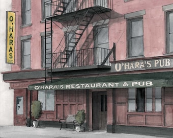 O'HARAS PUB - New York City, NYC, Manhattan, Financial District, Restaurant Bar, Ink and Watercolor Painting, Architecture Art, Drawn There