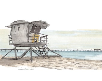 LIFEGUARD STAND - Ocean Beach, San Diego, California, Architecture, Pier, Art, Watercolor, Painting, Drawing, Sketchbook, Drawn There