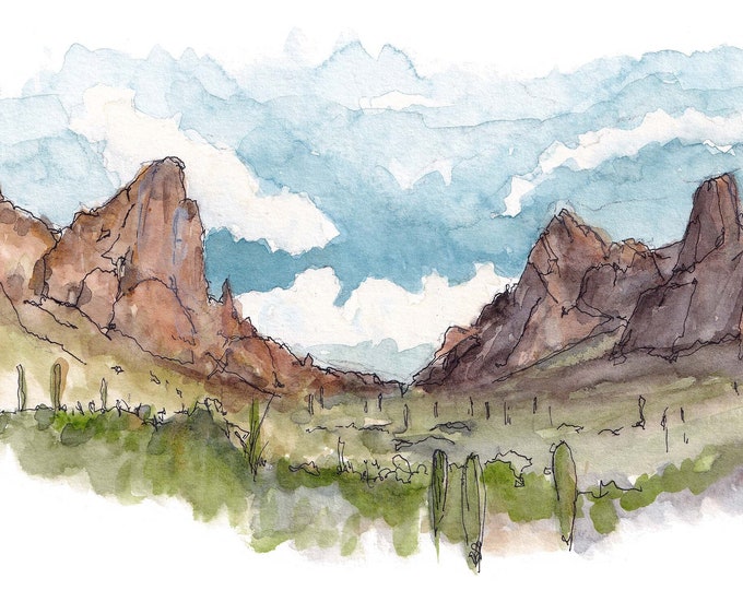 KOFA QUEEN CANYON - Kofa Wildlife Refuge, Yuma, Arizona, Watercolor Desert Landscape Painting, Wall Art Print, Drawn There