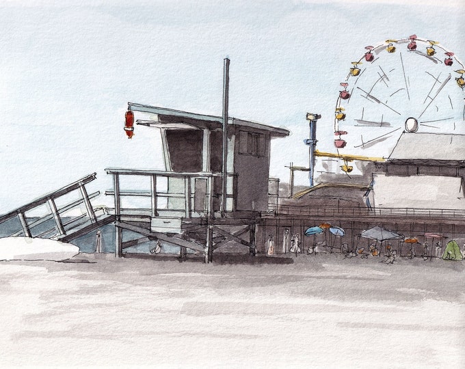 SANTA MONICA PIER - California, Ferris Wheel, Life Guard Stand, Beach, Drawing, Pen & Ink, Watercolor, Painting, Art Print, Drawn There