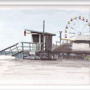 SANTA MONICA PIER - California, Ferris Wheel, Life Guard Stand, Beach, Drawing, Pen & Ink, Watercolor, Painting, Art Print, Drawn There