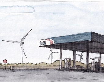 GAS STATION WINDMILLS - Alternative Energy, Fossil Fuels, Transportation, Plein Air Watercolor Painting, Sketchbook, Art Print, Drawn There
