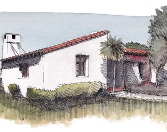 SAN CLEMENTE State Beach Casita - Spanish Mission Architecture, Casita, Flowers, Ink & Watercolor Plein Air Painting, Art Print, Drawn There