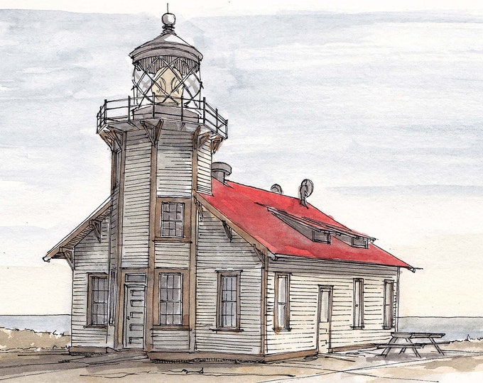 POINT CABRILLO LIGHTHOUSE - Northern California, Historic, Ink and Watercolor Painting, Drawing, Sketchbook, Art, Drawn There