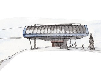 SNOWBIRD SKI LIFT - Chair Lift, Gondola, Roundhouse, Utah, Ski, Snowboard, Ink and Watercolor, Drawing, Painting, Sketchbook, Drawn There