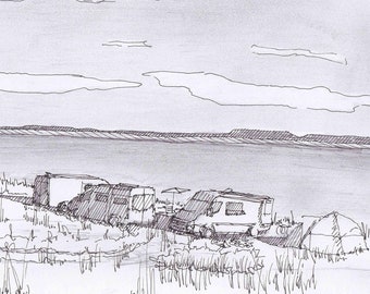 SPRINTER CAMPER VANS - Lake, Wyoming, Camping, Vanlife, Custom Van, Mercedes Sprinter, Pen and Ink, Drawing, Pencil, Drawn There