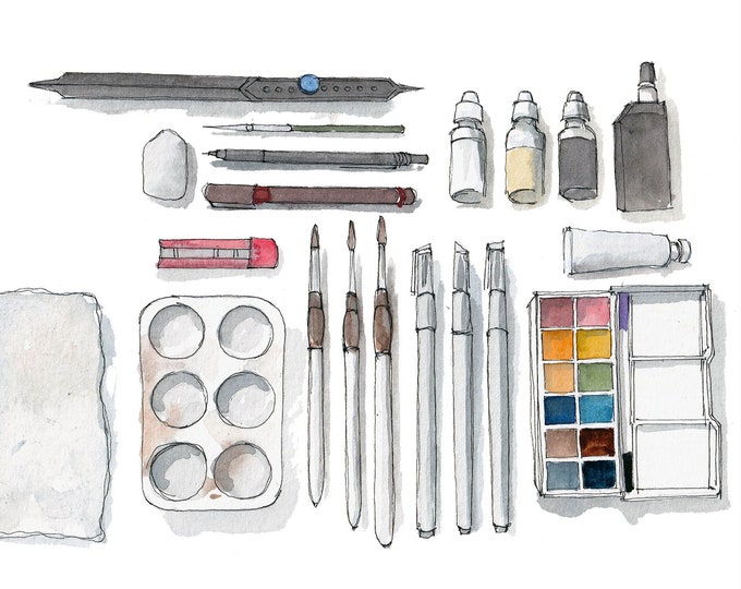 WATERCOLOR ART SUPPLIES - Artist Tools, Plein Air Sketch Kit, Travel Sketchbook Supplies, Watercolor Painting, Drawn There