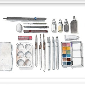 WATERCOLOR ART SUPPLIES - Artist Tools, Plein Air Sketch Kit, Travel Sketchbook Supplies, Watercolor Painting, Drawn There
