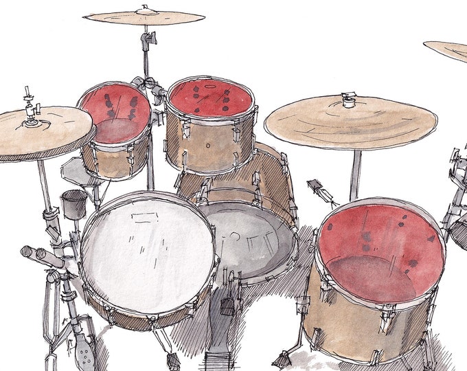 PEARL DRUM KIT - Music, Rock and Roll, Drummer, Rhythm, Instrument, Band, Ink & Watercolor, Painting, Drawing, Art, Print, Drawn There