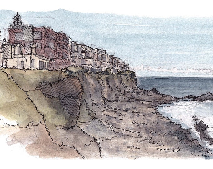 CORONA DEL MAR - Newport Beach, Orange County, California, Cliff, Ocean, Drawing, Plein Air Watercolor Painting, Art Print, Drawn There