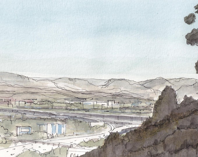 SAN DIEGO HILLSIDE - California Landscape, Highway, Freeway, Ink and Watercolor Painting, Drawing, Art, Drawn There